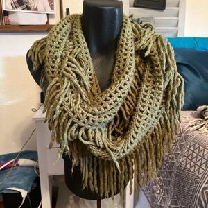 Olive Green Fringe Knit Scarf